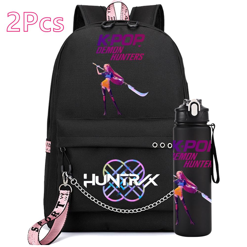2Pcs/set Anime Cute Kpop Printed Backpack with 750Ml Water Bottler for Teenager Girl Boy Bookbag Kid Gift Large Capacity Travel Bag Rucksak