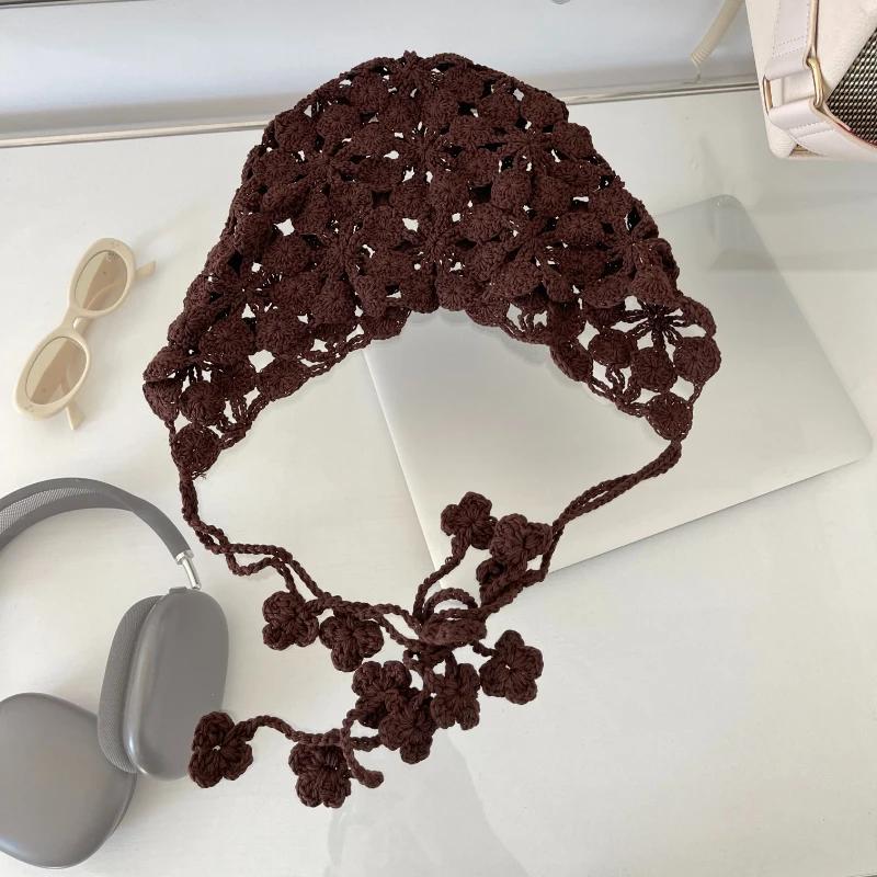2025 New Thin Hollow Handmade Crochet Knitted Hats for Women Spring and Summer Travel Versatile Concave Strap Beanies Caps