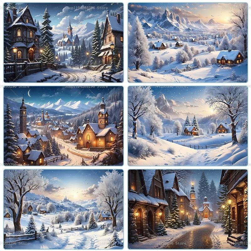 Sfondo Villaggio di Natale Invernale Decorazione per la Casa Sfondo per Studio Fotografico Cittadina Nevosa di Capodanno Sfondo Montagna
