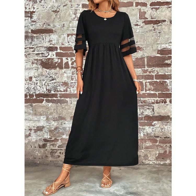 Women Slimming Mesh Panel Long Dress Elegant Stretchy Fabric Crew Neck Solid Color All Season Wear