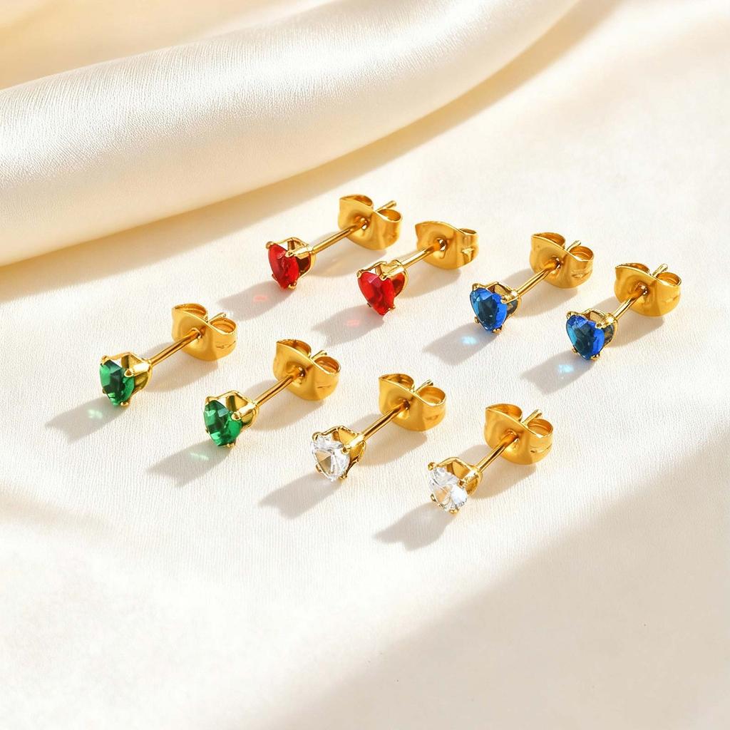 Exquisite Colorful Crystal Zircon Heart Stainless Steel Small Stud Earrings for Women, Hypoallergenic Luxury Jewelry Gift