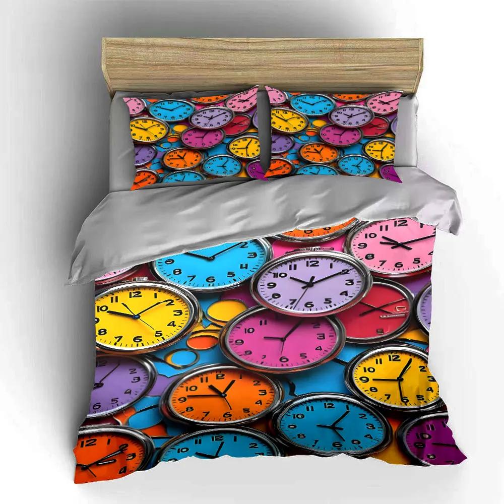 Buntes niedliches Uhr-Print 3-teiliges Set Dekoration Weich Bequem Bettbezug Bettwäsche-Set Enthalten 1*Bettbezug & 2*Kissenbezüge Geschenk