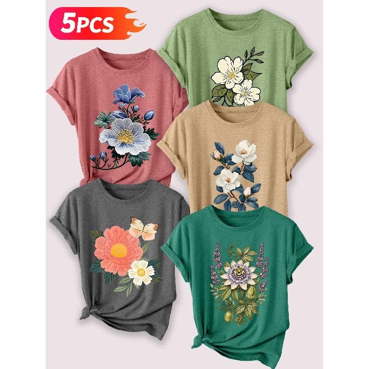 Follow a specific direction Five-piece set for women T Shirt Vintage Floral Illustration Print Summer Casual Elegant Women's Clothing Short Sleeve