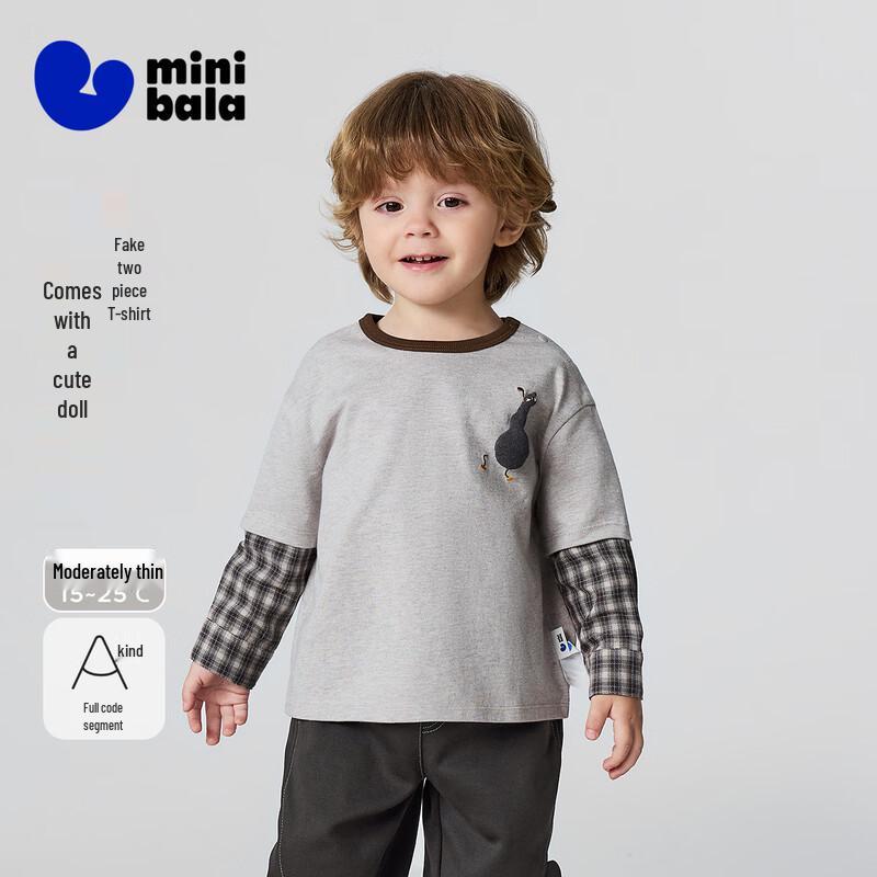 Minibala Boy's Long-Sleeve Fake Two-Piece T-Shirt with Cute Doll