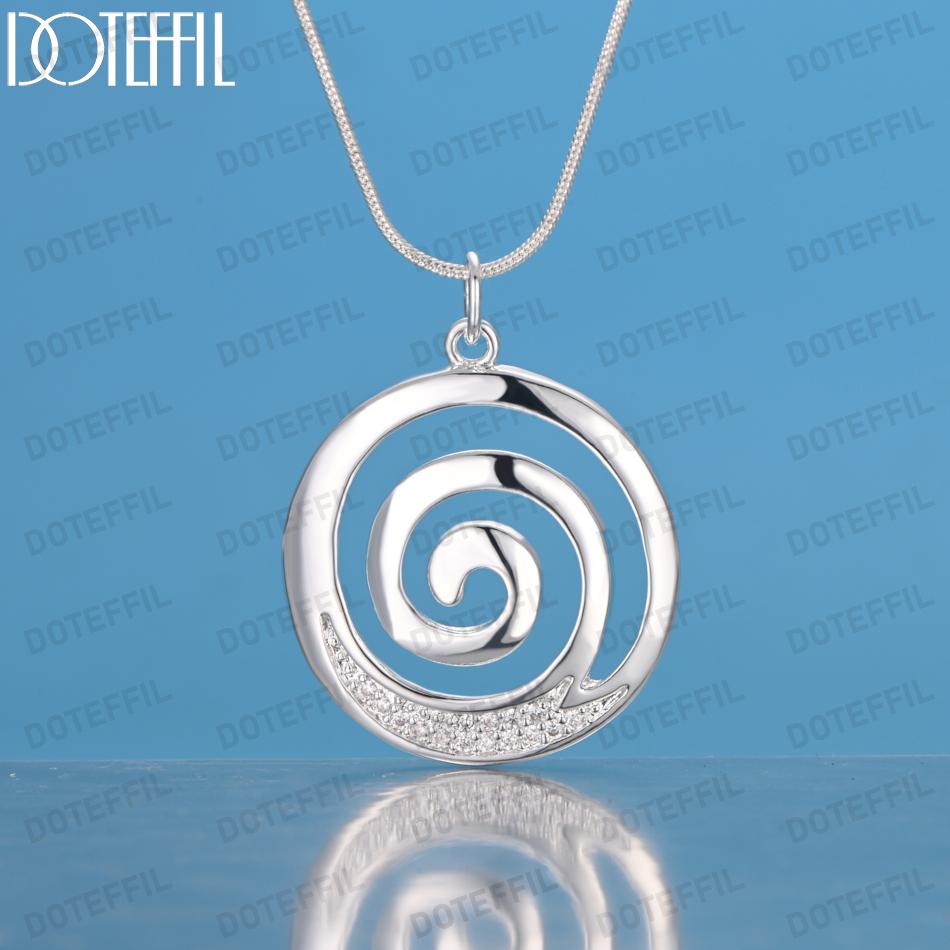 925 Sterling Silver Round Spiral Zircon Pendant Necklace Fashionable Wedding Jewelry
