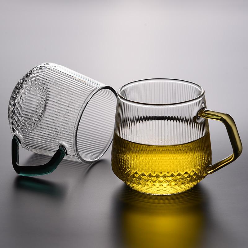 High Borosilicate Striped Glass Cup for Household Personal High Temperature Drink Cup Office Filter Flower Tea Brew Tea Cup with Handle