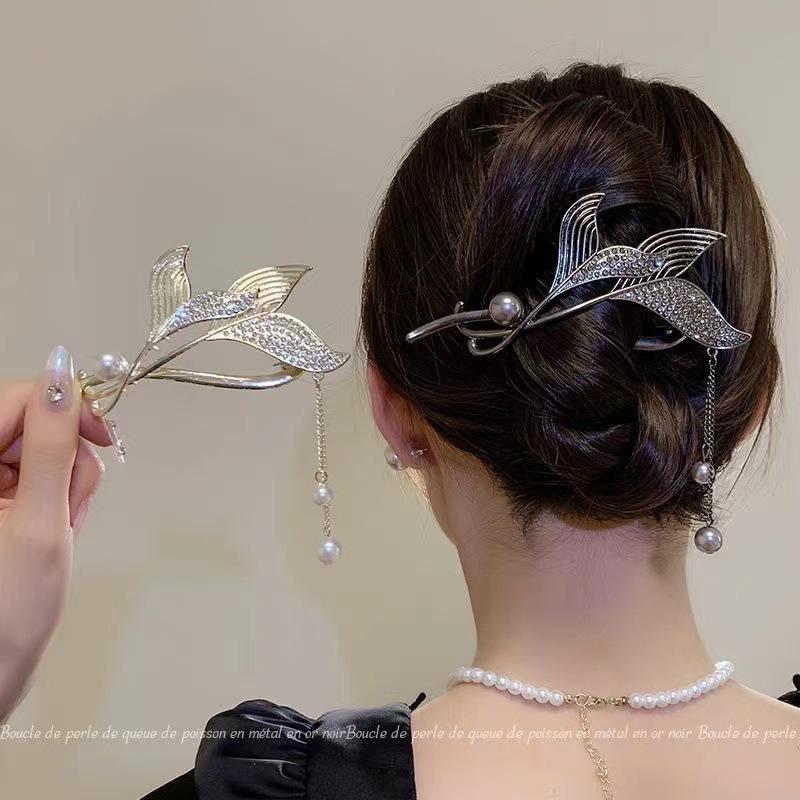 Elegant Rhinestone & Pearl Butterfly Tassel Hairpin - Women's Updo Clip