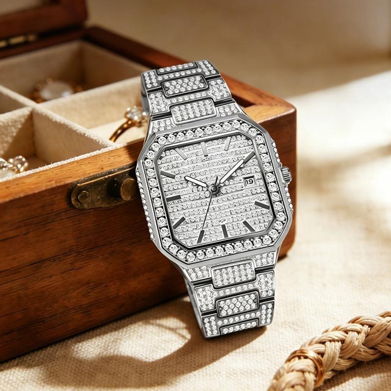 Luxury Full Diamond Watch Men Sparkling Rhinestone Dial Stainless Steel Bracelet Women Elegant Bling Dress Watch