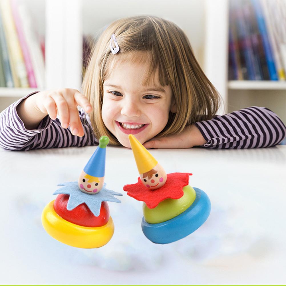 2Pcs Random Color Wooden Clown Spinning Top Tumbler Toy Clown  Educational Gift for Kids Baby
