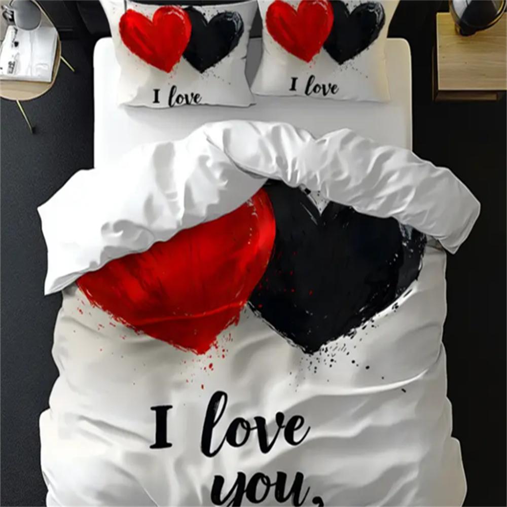 3D Love Heart Design Duvet Cover Set, 100% Polyester, Abstract Pattern, All-Season Soft Sanded Fabric Digital Bedding Set