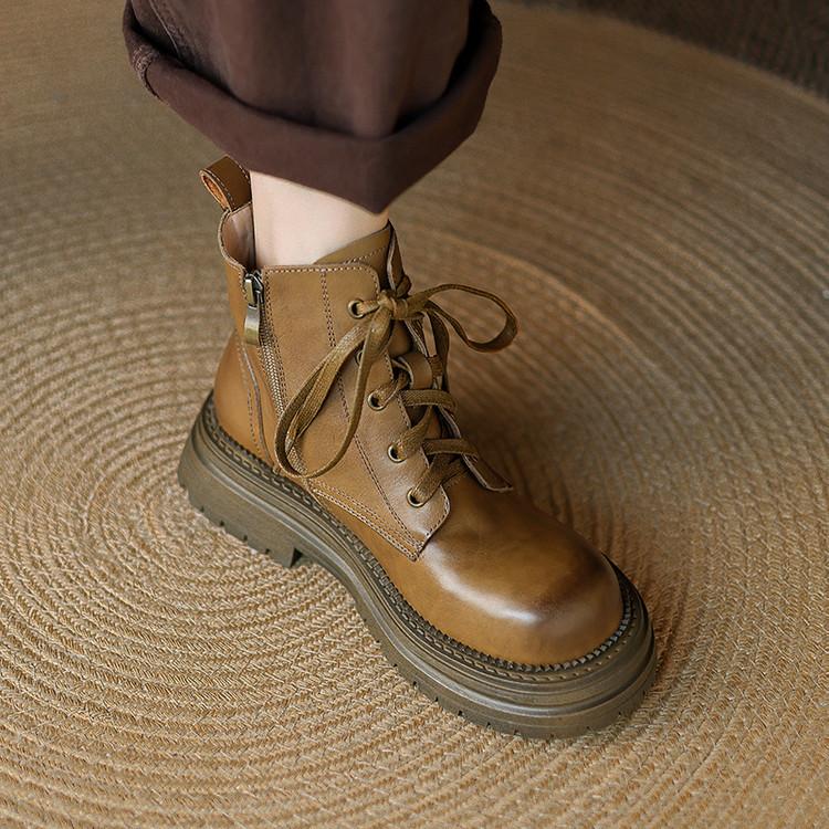 Fashion New Autumn/winter Genuine Leather Women Boots Round Toe Platform Shoes for Women Fashion Boots Mid Heels Lace Work Boots