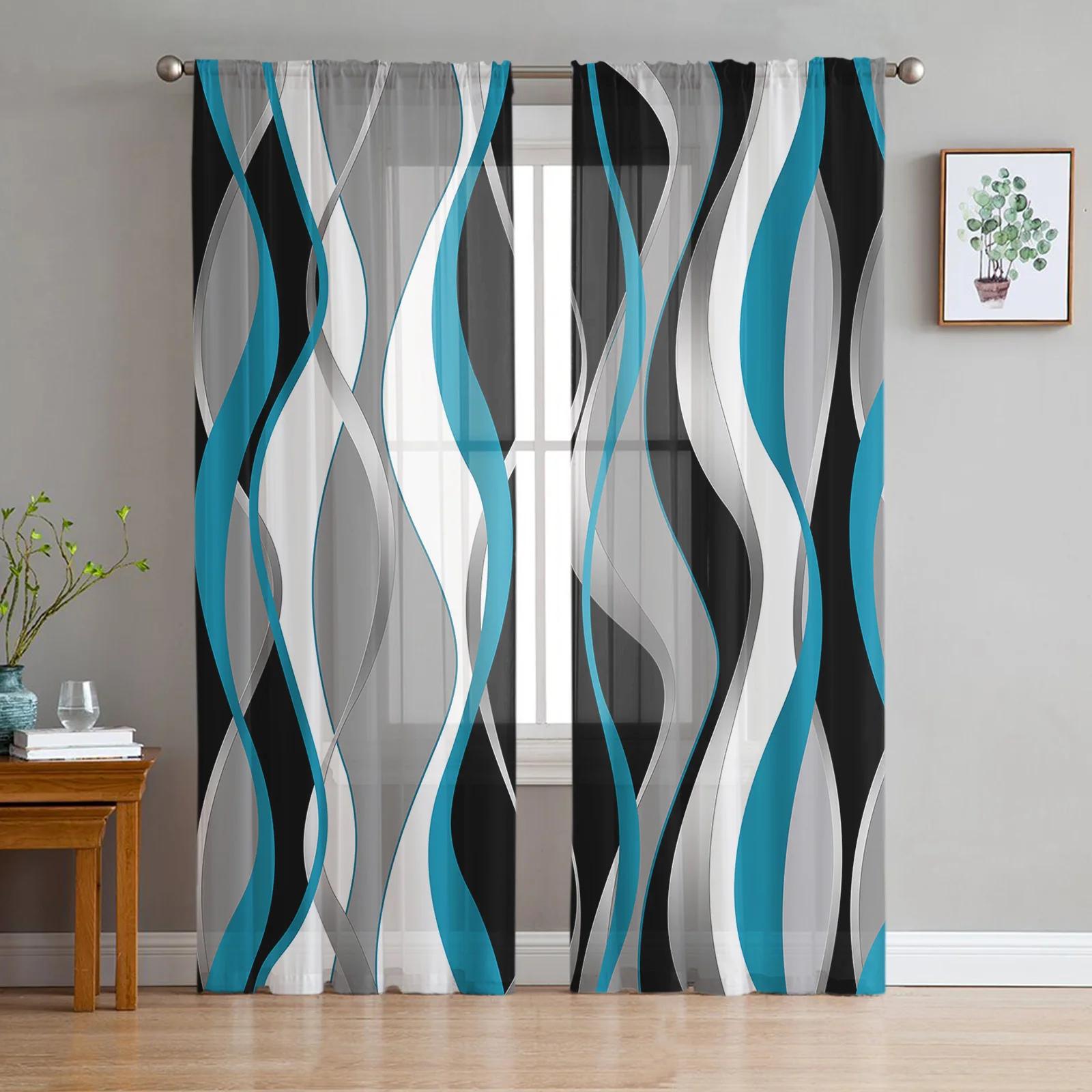 Stereo Abstrakte Linie Farbverlauf Rot Transparente Vorhänge zur Wohnzimmerdekoration Fenstergardine Küche Tüll Voile Organza Vorhänge W135 x H115cm x1&Rod Pocket