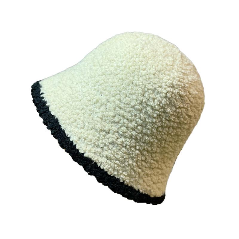 Black White Edge Knitted Plush Fisherman Hat for Women Autumn and Winter New Style Large Head Circumference Bucket Hat Japanese Style Small Face