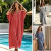 Soft Casual Dress Women V-Neck Striped Dress, Summer Half Sleeve Ankle Lightweight Polyester Length Loose Swing for Beach Vacation Daily Wear V-neck