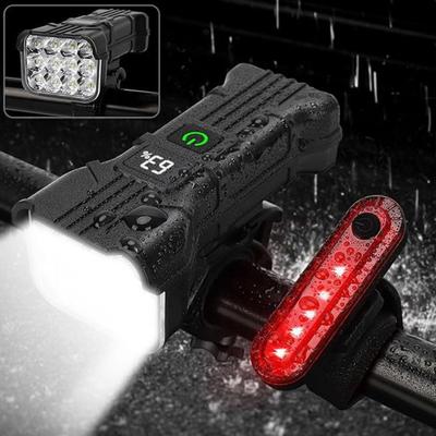 2Pcs Bicycle Light USB Rechargeable Power Display Super Bright Lightweight Adjustable Night Riding Road Mountain Bike Horn Headlight 12 LED Tail Lamp
