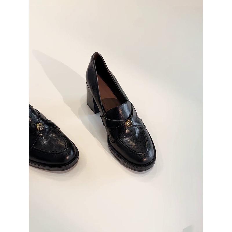 Sheepskin~ Retro Camellia High-heeled Loafers Women's One-pedal Commuting Thick-heeled Single Shoes Temperament Black Small Leather Shoes