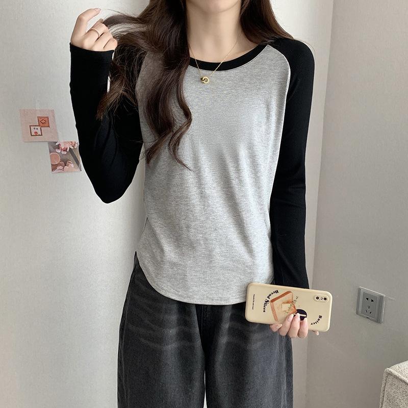 Spliced raglan long-sleeved T-shirt for women in early autumn hot girl short t-shirt little man bottoming shirt top early autumn style