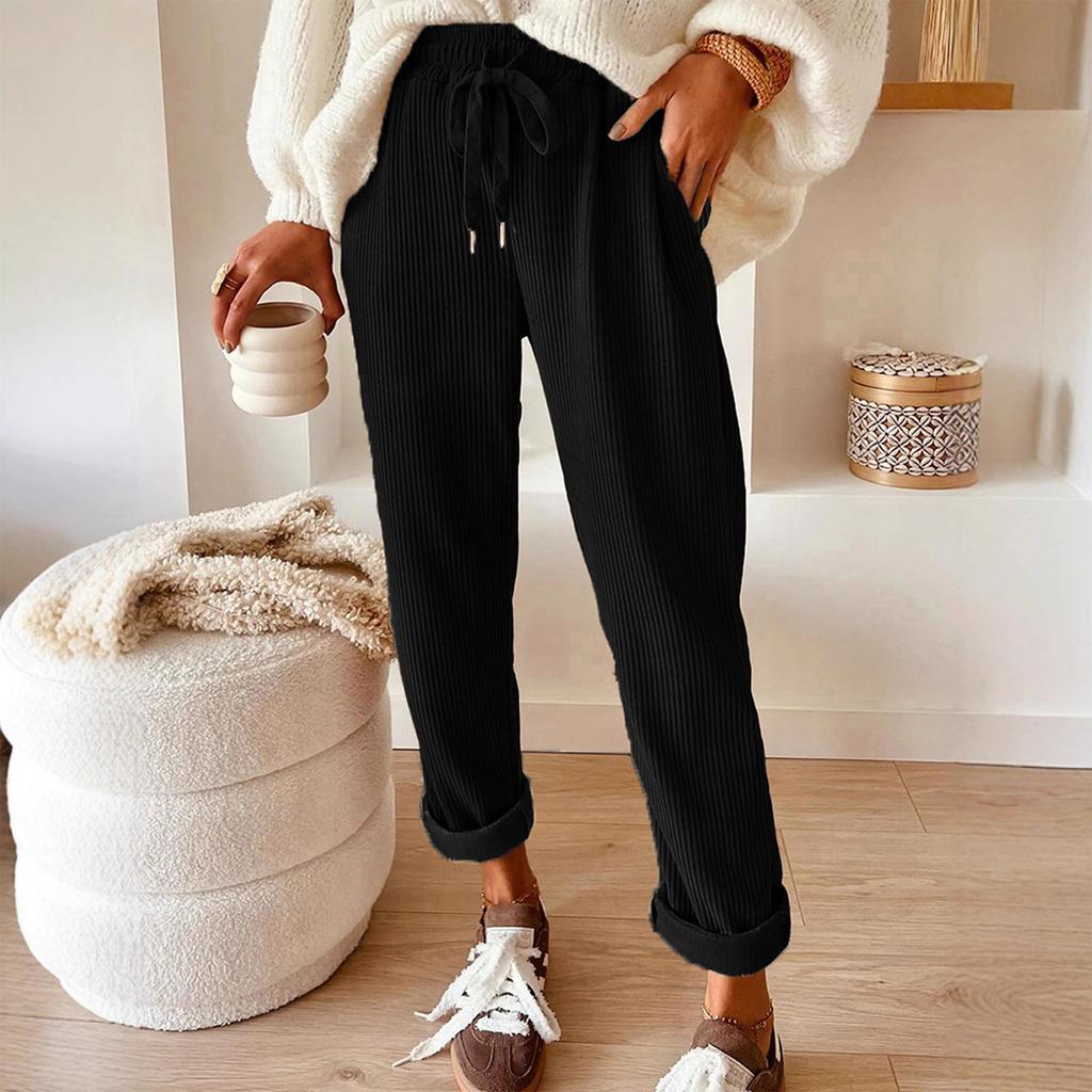 Dámské módní jednobarevné elastické v pase se stahovací šňůrkou s kapsami volné kalhoty s rovnými nohavicemi pro volný čas