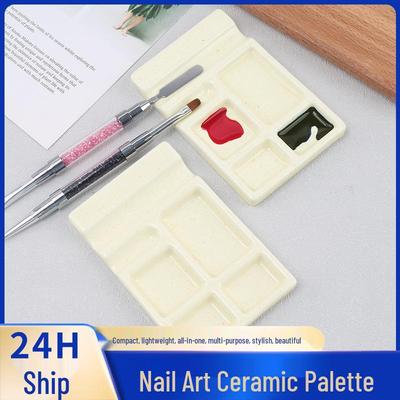 Nail Art Palette with Brush Holder: Multi-functional Ceramic Tool for Polish, Glue, and Watercolor Blending.