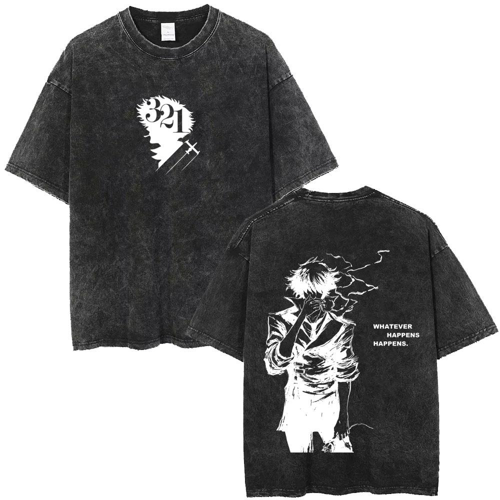 Anime Cowboy Bebop Vintage Washed T-shirt Manga Spike Spiegel Whatever Happens Happens T-shirts Retro Oversized Tee Shirt Unisex