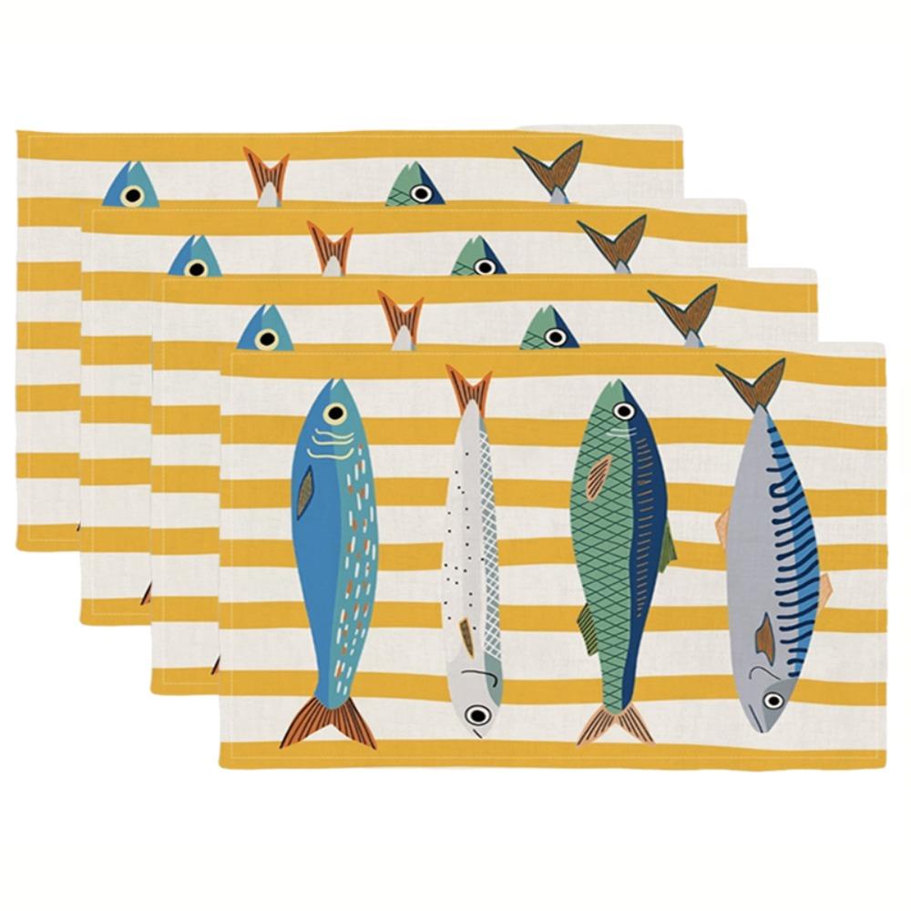 4PCS Household 2D Fish Pattern Place Mat Non-Slip Stain-resistant Dining Mat Colorful Print Linen-like Texture Table Mat Holiday