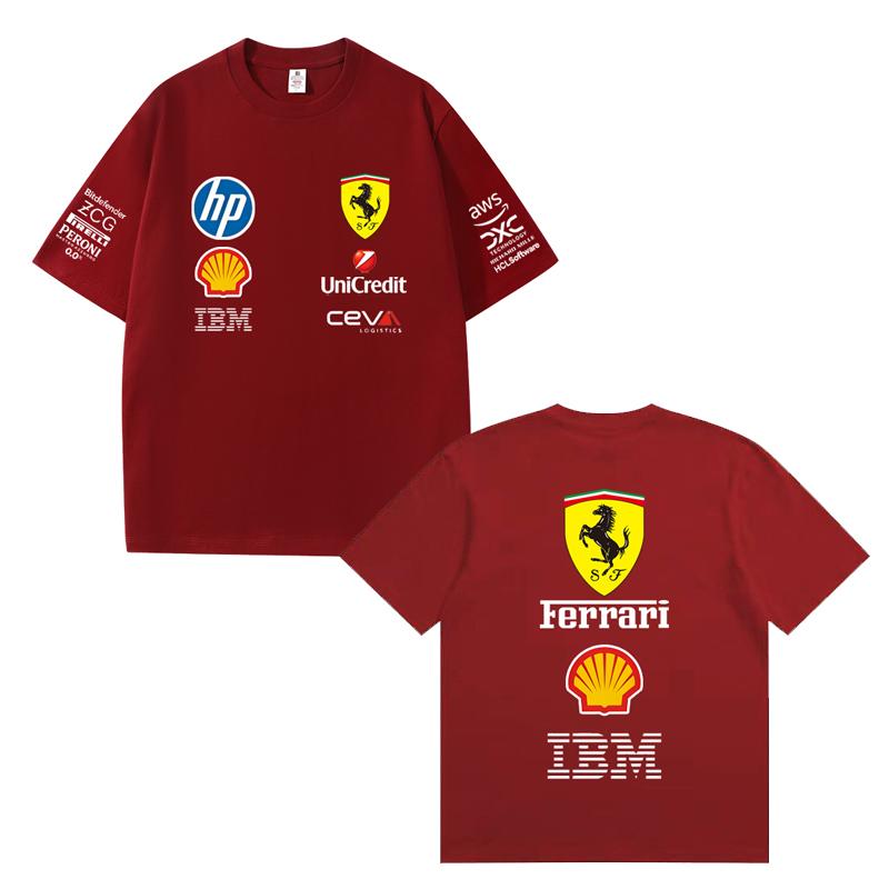 Herren und Damen Oversize Ferrari F1 Renn T-Shirt Klassischer Sponsoren Logo Druck Kurzarm Motorsport Lässig Streetwear Tee