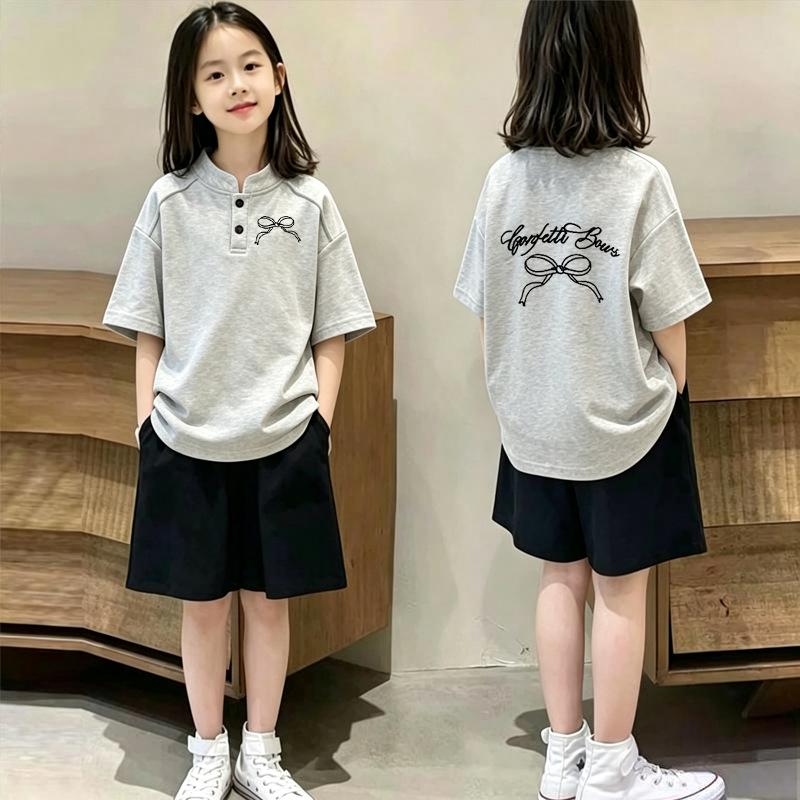 Korean Style Girls' Cotton Stand Collar Short Sleeve T-shirt & Polo Two-Piece Summer Set for Medium and Large Children