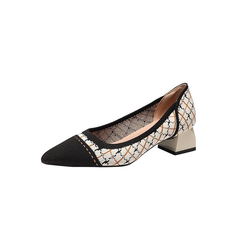 

Летающая вязаная весенне-осенняя женская обувь одинарная обувь средний каблук вязаная вязаная остроносая толстый каблук мягкая подошва 40