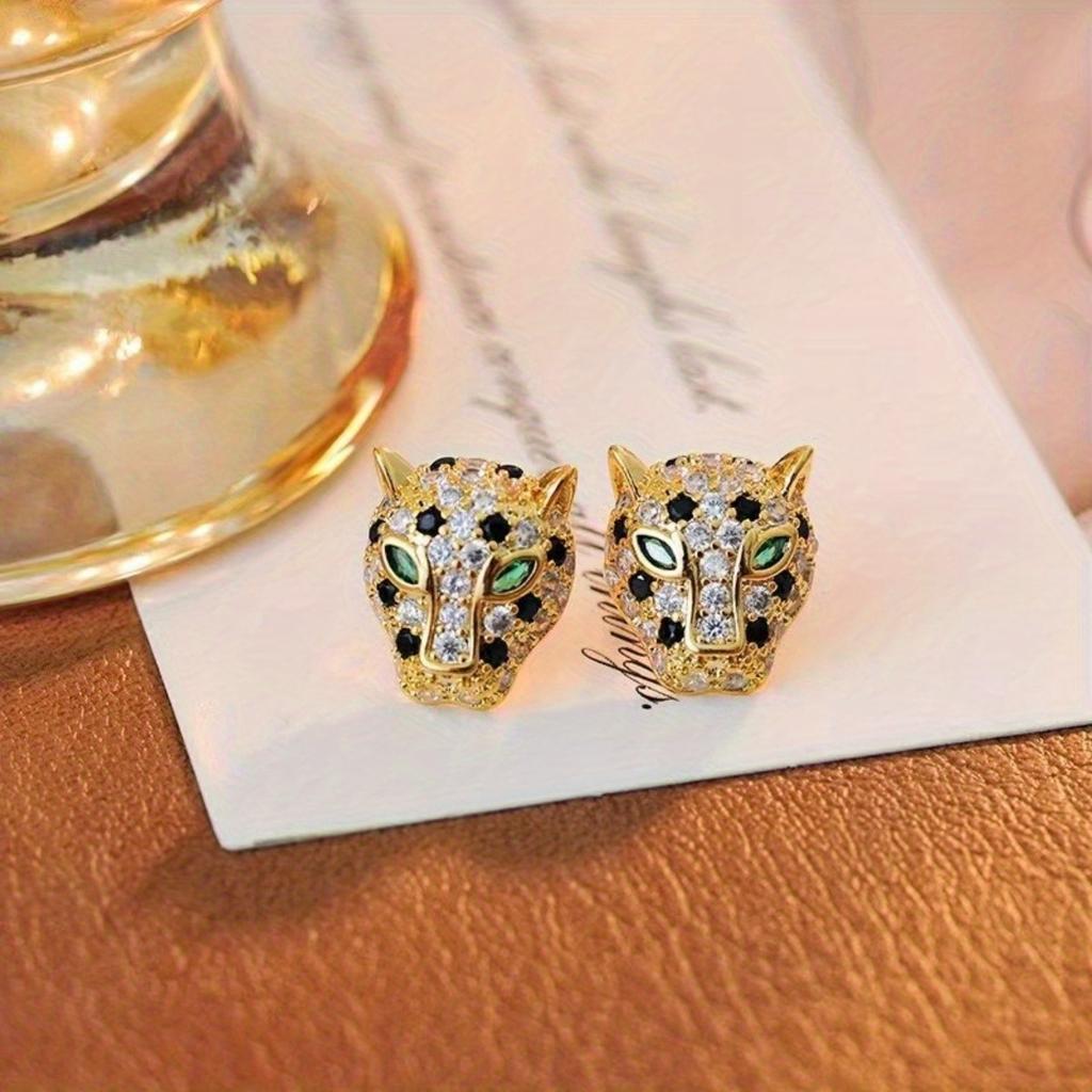 Luxury Leopard Stud Earrings with Green Eyes - Glittering Animal Design, 18K Golden Plated, Stainless Steel Posts, Perfect for Evening Parties & Banqu