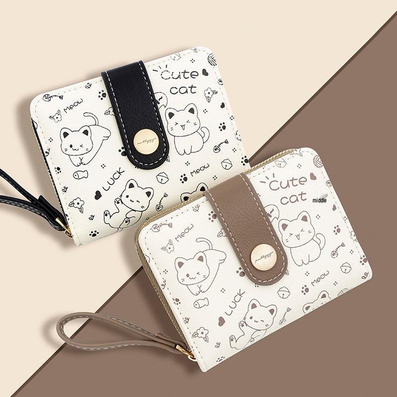 Women's Short Wallet - Cute Kitten Design PU Leather Snap Coin Purse & Clutch