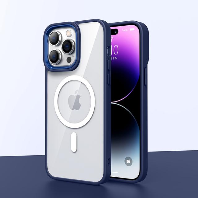 

Роскошный противоударный прозрачный чехол для телефона с металлической линзой и беспроводной зарядкой для Iphone 14 13 12 Pro Max с Magsafe For iPhone14 Pro Max синий