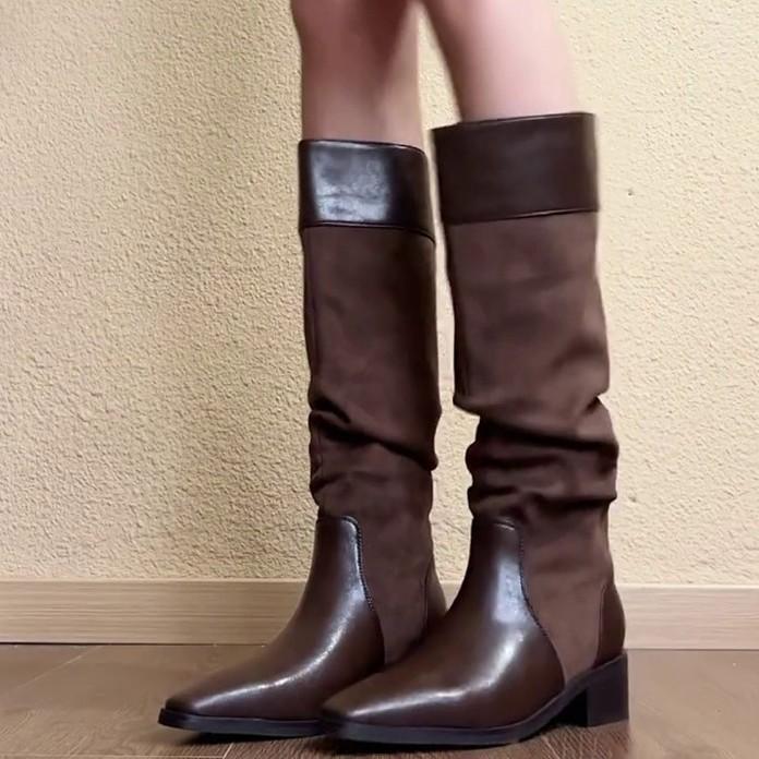 Huge and Thin~ 2025 Autumn New Splicing Two-color Pointed Pleated French Retro Knight Boots High Boots Women