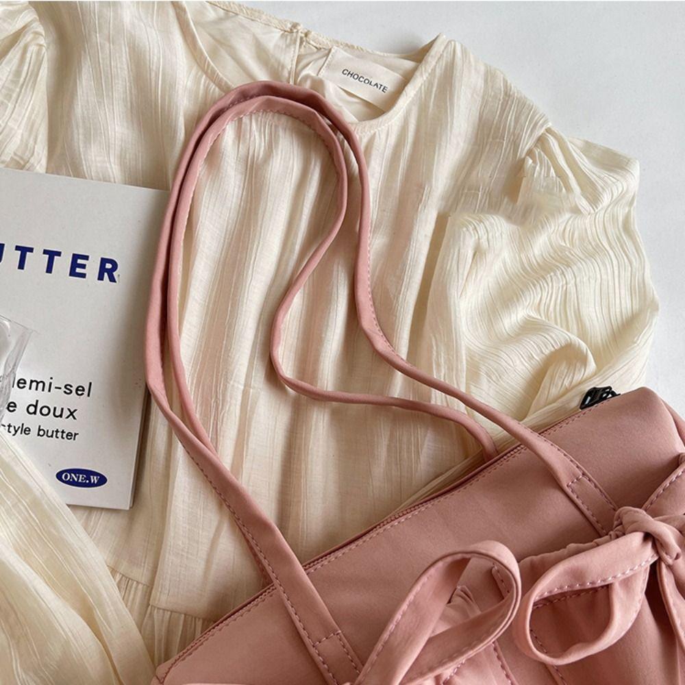 Large Capacity Pleated Shoulder Bag Korean Style Armpit Bag Fashion Bow Nylon Tote Bag  Girls