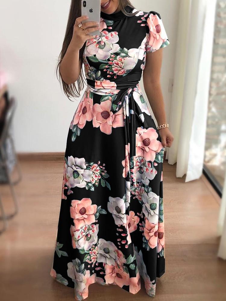 Autumn new style flower print short-sleeved pendulum dress women's clothing