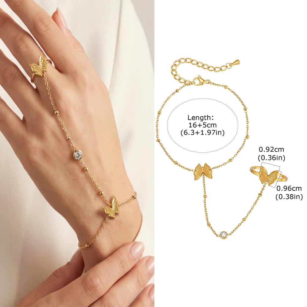 Luxury Minimalist Gold Plated Thin Chain Finger Ring Hand Chain Bracelets for Women, Party Elegant Stainless Steel Jewelry