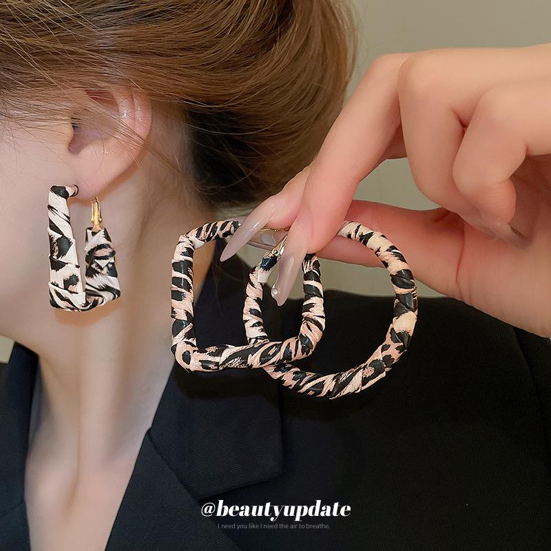Silver Needle Leopard Print Faux Leather Earrings - Trendy Hong Kong Retro Style Hoops