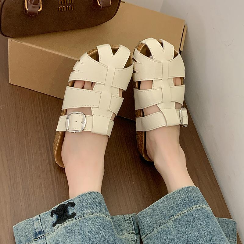 Baotou half slippers women's 2025 summer new woven hollow Roman cool slippers thick bottom one pedal Birkenstock