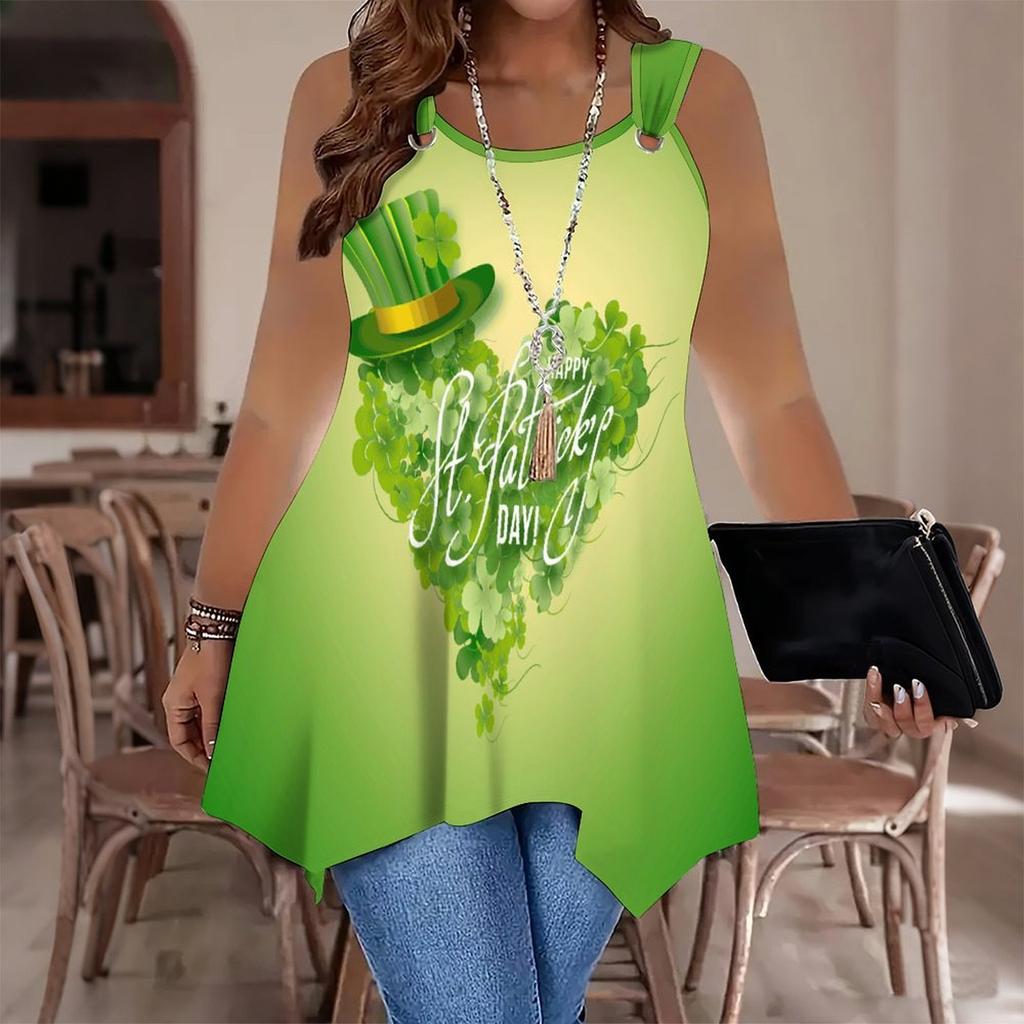 Modische Damen-Freizeit-Sport-Weste mit Doppelring, Große Trägertop-Weste mit Kleeblatt-Druckmustern, Unregelmäßiger Saum, Elegant und Schlicht