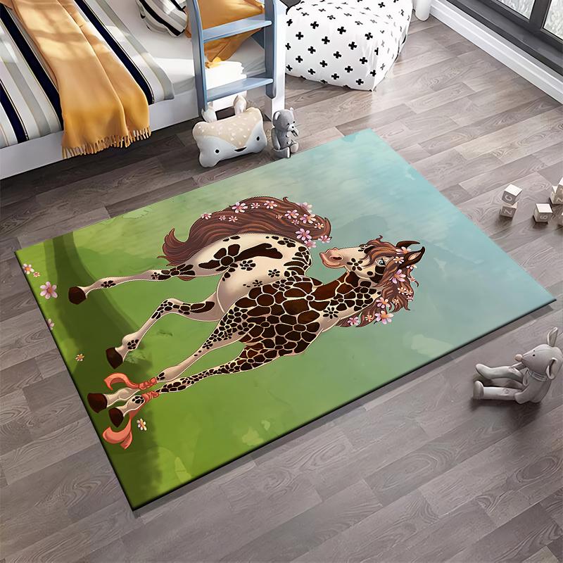 Colorful Horse Pattern Rug with Floral Details, Green Field Background Suitable for Use As an Anti-slip for Living Room Bedroom Sofas