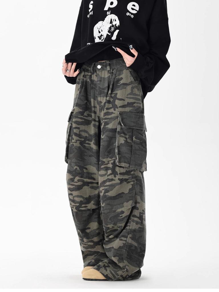 Unisex Tarnfarbene Weitbeinige Jeans mit Mehreren Taschen und Plisseé-Design