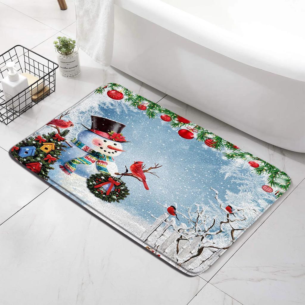 Red Christmas Shower Curtain Set Funny Santa Claus Gift Green Pine Branches Xmas Balls Home Bathroom Decor Bath Mat Toilet Cover