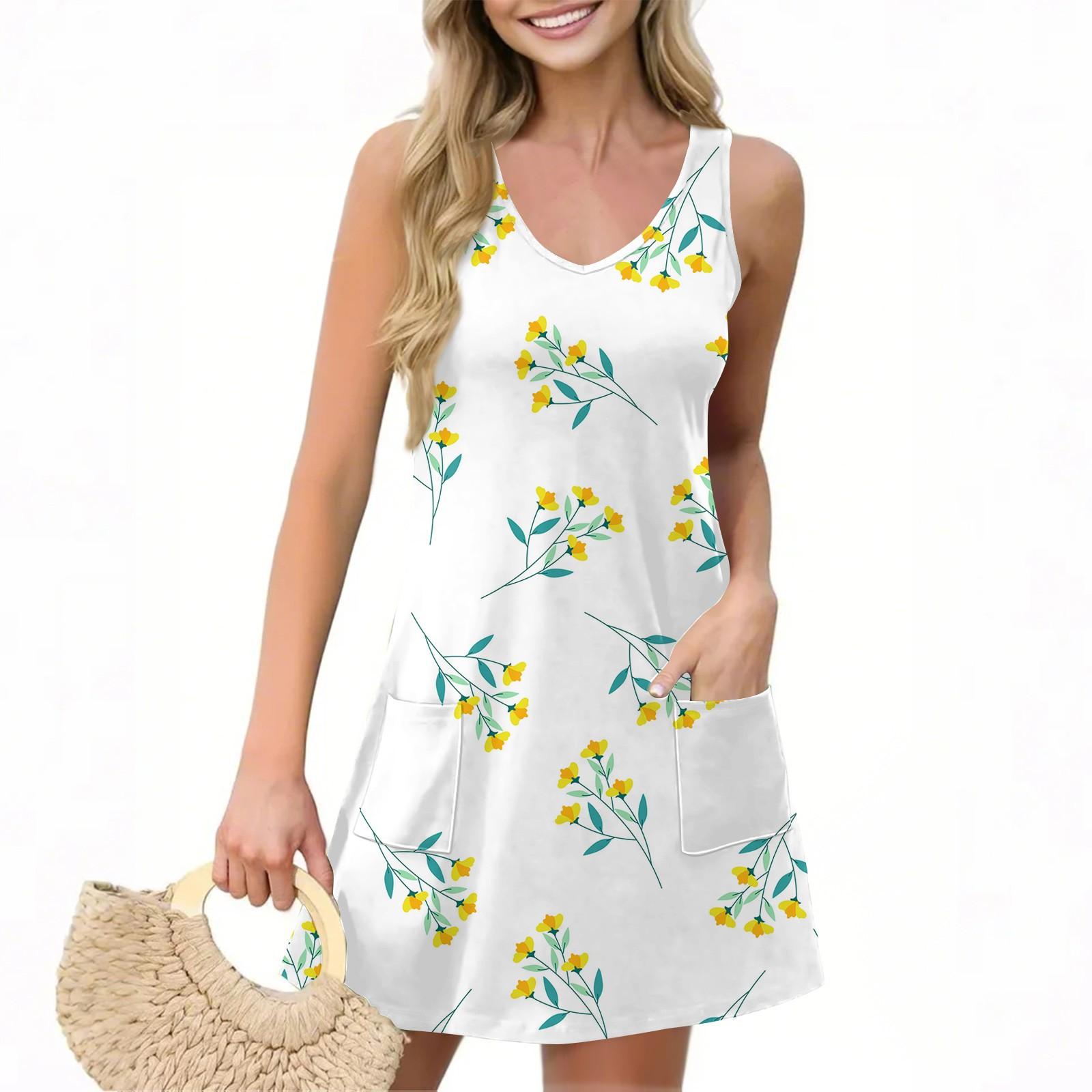 

Женское повседневное летнее платье-жилет с карманами, цветочным принтом, V-образным вырезом, без рукавов XXL