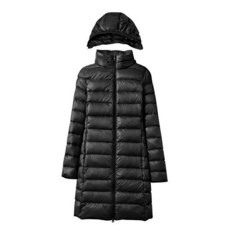 Women Plus Size Winter Down Coat Slim Fit Mid Length Hooded Windproof Warm Padded Long Sleeves Solid Color Zipper Closure
