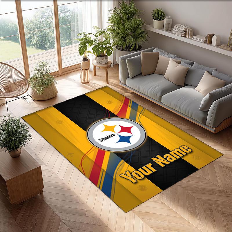 Pittsburgh Steelers Crystal Velvet Rug, Custom Name Text Personalized Non‑Slip Floor Mat for Home Decor Gift