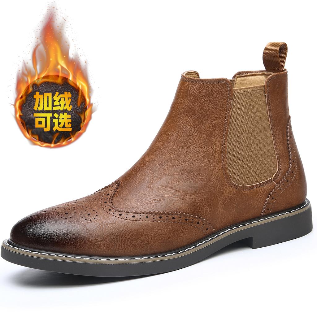 Chelsea Boots Men's British Style Carved Short Boots Soft Leather Retro High-top Men's Leather Boots Autumn and Winter Velvet Martin Boots