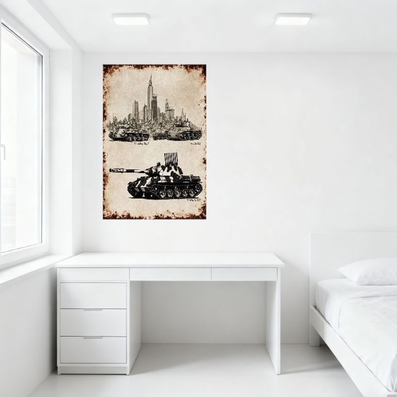 Sexy Vintage Military Tanks City Skyline Tin Sign Metal Wall Decor - WWII Style Tech Drawing for Bar Pub Home Cafe 8x12 Inch