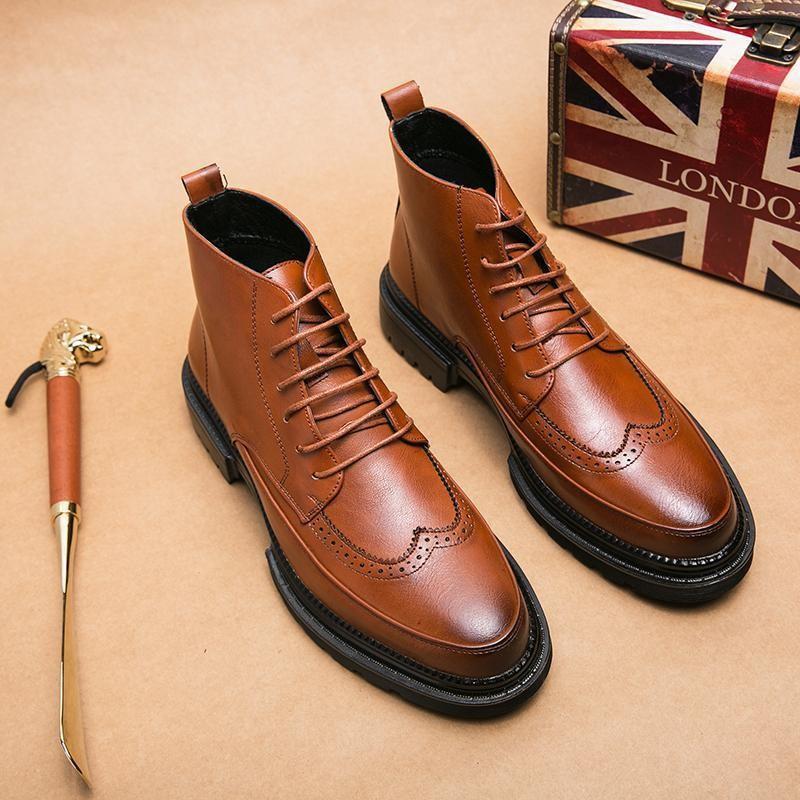 

Мужские кожаные ботинки на шнуровке броги с острым носком в британском стиле, повседневная обувь для платья, кожаные ботинки с высоким голенищем, короткие ботинки, мужская обувь 44
