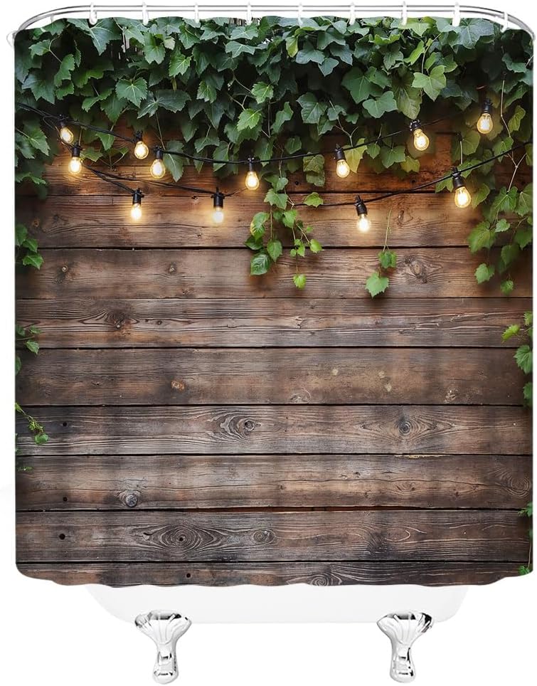 Rustic Wooden Board Shower Curtain Green Leaves Leaf Vine Farmhouse Vintage Wood Grunge Planks Barn Door Country L;IFE Bathroom