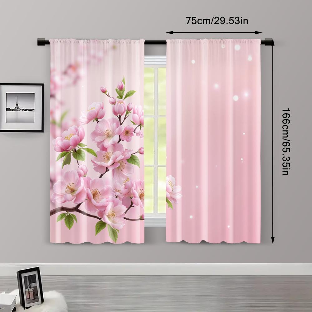 2pcs, Curtain Popular Bright pink cherry blossoms and green leaves Fabric (without rod) Decorations Clearance Ldeal for Season