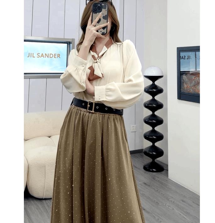 Women's Rhinestone High Waist Mid-Length A-Line Skirt with Large Hem